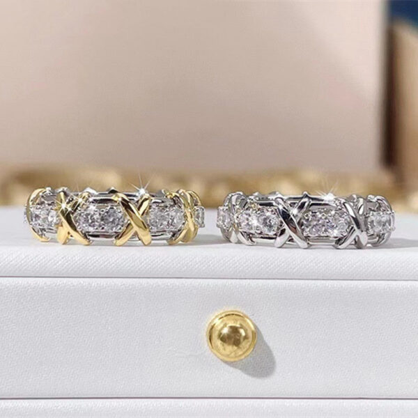 Sterling Sier Plated Gold X Cross Sixteen Stone Diamond Rings for Women Classic Fashion Brand Party Fine Jewelry