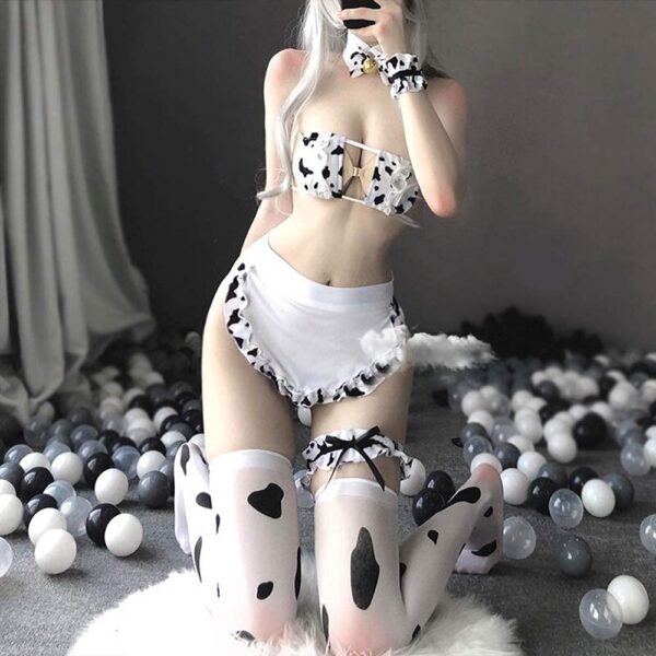 paloli Womens Anime Cow Cosplay Bikini Lolita Kawaii Bra and Panty Set Japanese Underwear White Stocking