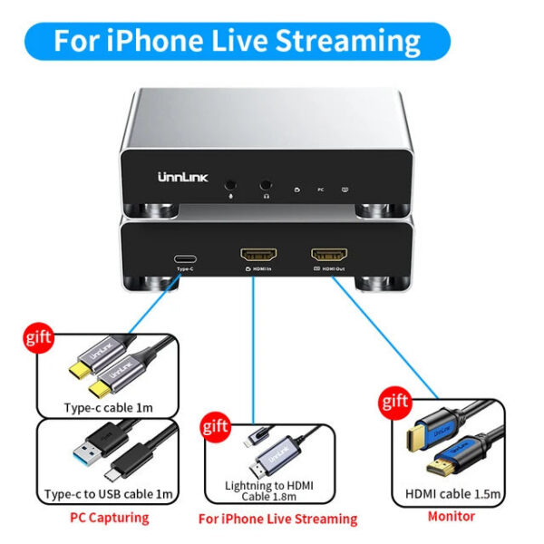 Unnk 4K 60Fps Video Capture Card USB C 3.1 Grabber Live Streaming 2K 120Fps Game Recording for PS5 Xbox Switch Phone Camera