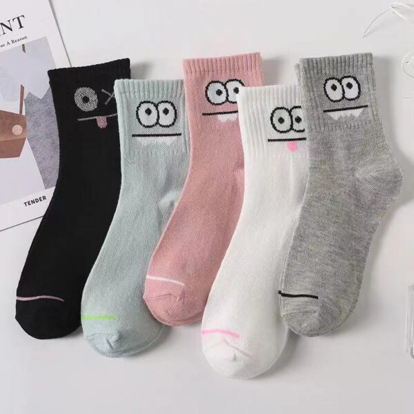 5 Pairs Cute Expression Print Comfy Funny All-match Mid Tube Socks, Women's Stockings & Hosiery