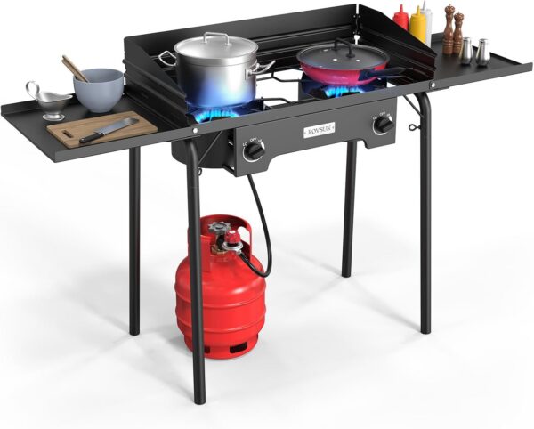a0c36a60458d8fef ROVSUN Single Burner Gas Stove with Side Shelf, 100,000BTU Portable Propane Stove with Removable Leg & Regulator for Camping Home Backyard Outdoor Cooking Brewing Canning Turkey Frying