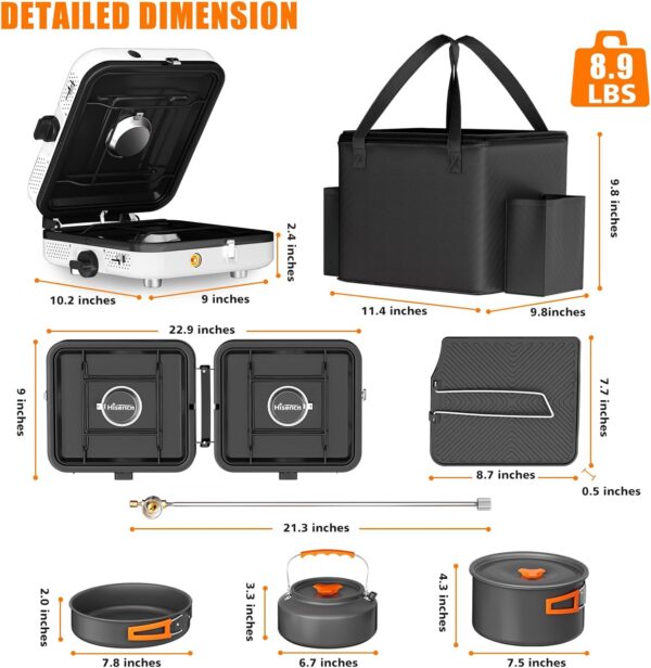 a0c84a5e4c885476 Hisencn Portable Camping Stove, 2 Burner Foldable Camp Stove, 20000 BTU Folding Gas Stove, Portable Propane Stove with Carry Bag, Adjustable Burners & Piezo Ignition, Includes Frying Pan, Kettle, Pot