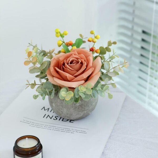 Artificial Flowers Kit with Pot, Combination of Fake Silk Orange Roses and Greenery,Small Plant Potted Decor for Offices,Bookshelf,Bedroom, Living Room,Party,Wedding Decorations…