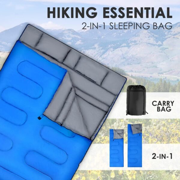 TANGZON 220x150cm Double Sleeping Bag, Extra Large Converts into 2 Waterproof Lightweight Camping Bags with 2 Pillows and Carrying Bag for Outdoor Hiking Backpacking Traveling