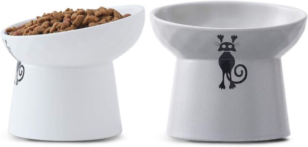 a10ce7c7f60549a7 TAMAYKIM Tilted Ceramic Raised Cat Bowls, 8 OZ Food and Water Bowls Set for Kitty, Porcelain Elevated Stress Free Feeding Pet Dish, Dishwasher and Microwave Safe, 2 Pack (White & Grey)