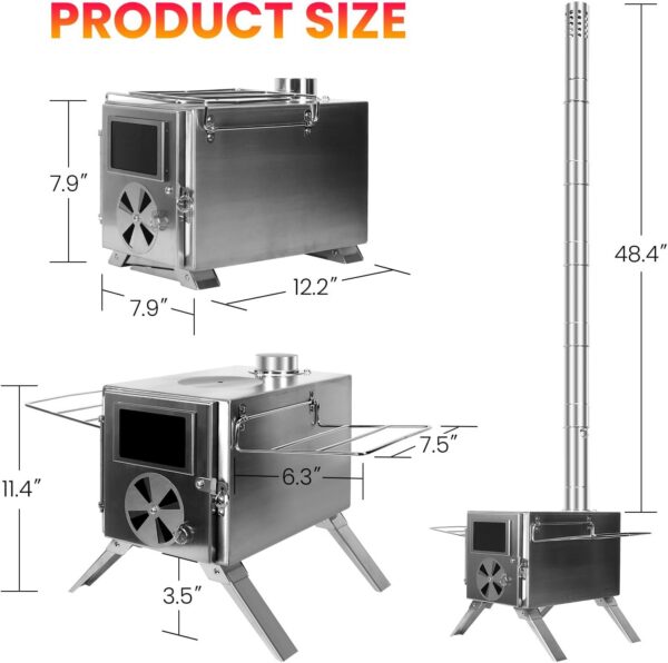 LAMA Tent Camping Stove, Portable Folding Stainless Steel Wood Stove with Chimneys and Gloves, Wood Burner for Tents, Hiking, Cooking, Heating, Camping, Silverwhite