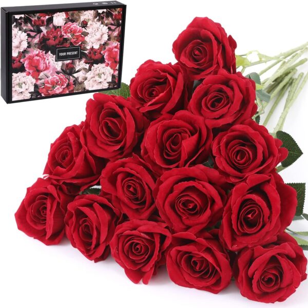15Pcs Artificial Roses Velet Real Touch Single Stem Fake Roses Silk Realistic Bouquet Flowers Arrangements Home Office Garden Grave Party Wedding Decoration(Light Pink-15p, Blossom Roses)