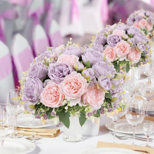 Artificial Peonies Silk Flowers, Faux Peony Bouquet 4 Bundles Florals Arrangements Decor for Farmhouse Home Boho Wedding Table Centerpiece, Fake Plastic Flowers Bulk for Vase Decoration (Pink Purple)