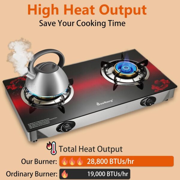a1bd3239193c3a47 Propane Stove 2 Burner Gas Stove, 28800 BTU High-Efficiency Auto Ignition Tempered Glass LPG Cooktop with CSA Regulator and Hose – for Outdoor Camping, RV, and Emergency Cooking