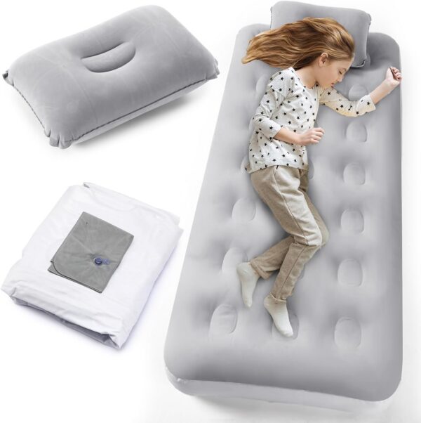 Kids Sleeping Pad for Camping Air Bed Flocked Surface with Inflatable Pillow Camping Air Mattress for Backpacking Travel Sleepover Outdoor Tent Guest(Sky Blue)