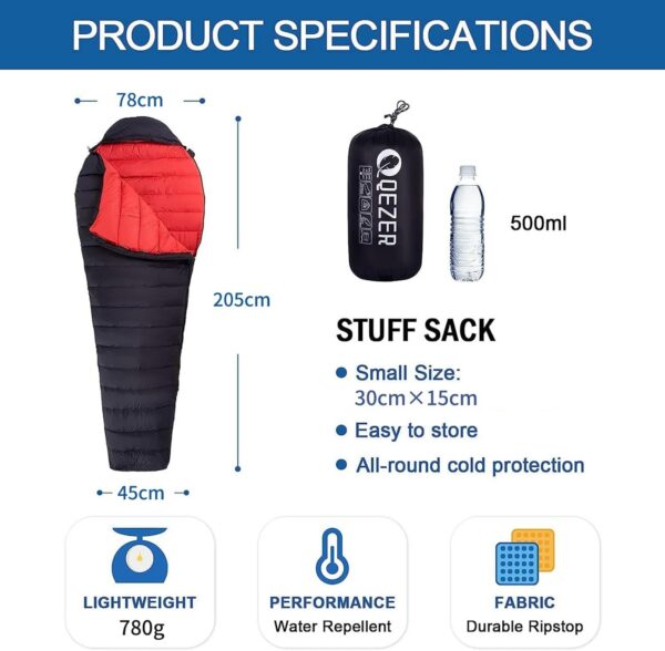 QEZER Ultralight Sleeping Bag for Adults,only 780g Backpacking Sleeping Bag Filled 600+FP Duck Down 5°C 15°C for Camping,and Hiking,Warehouse Outdoor