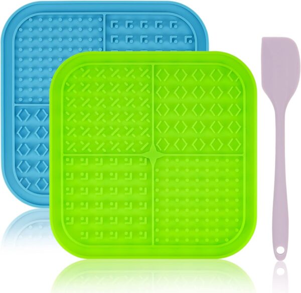 Licking Mat for Dogs Cats 2 Pack, Dog Peanut Butter Lick Pad with Strong Suction Cups for Calming, Reduce Anxiety Boredom (Blue & Green)