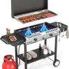 ROVSUN 2 Burner Outdoor Propane Gas Stove with Auto-ignition, Regulator & Shelf, 150,000 BTU Powerful Stand Cooker for Backyard Patio Cooking Home Brewing Canning Turkey Frying