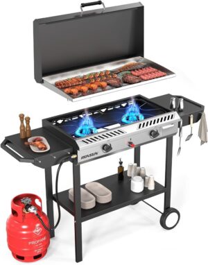 a311cdcc1048e25e ROVSUN 2 Burner Outdoor Propane Gas Stove with Auto-ignition, Regulator & Shelf, 150,000 BTU Powerful Stand Cooker for Backyard Patio Cooking Home Brewing Canning Turkey Frying