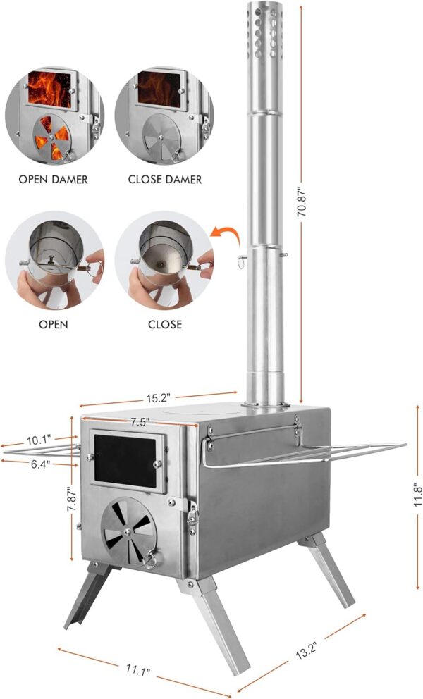 LAMA Tent Camping Stove, Portable Folding Stainless Steel Wood Stove with Chimneys and Gloves, Wood Burner for Tents, Hiking, Cooking, Heating, Camping, Silverwhite
