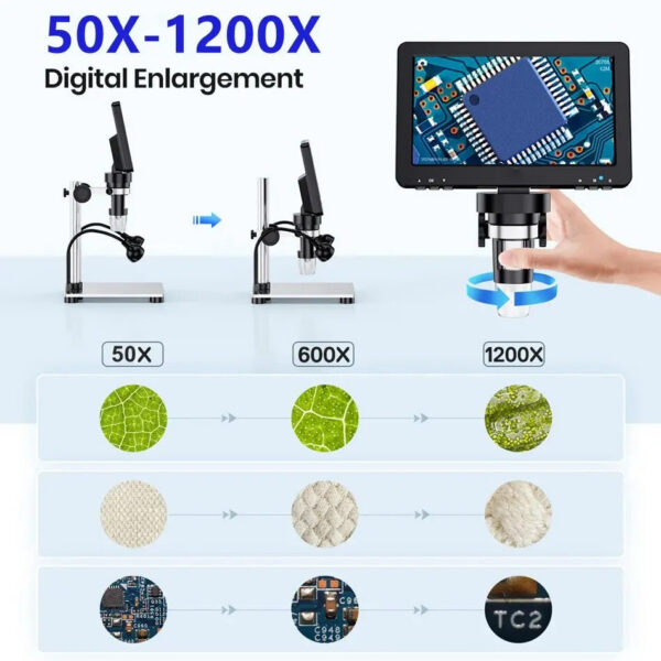 7 Inch 1080P LCD Digital Microscope 50X-1200X Soldering Electronics Microscopes With LED Lights Support PC Computer