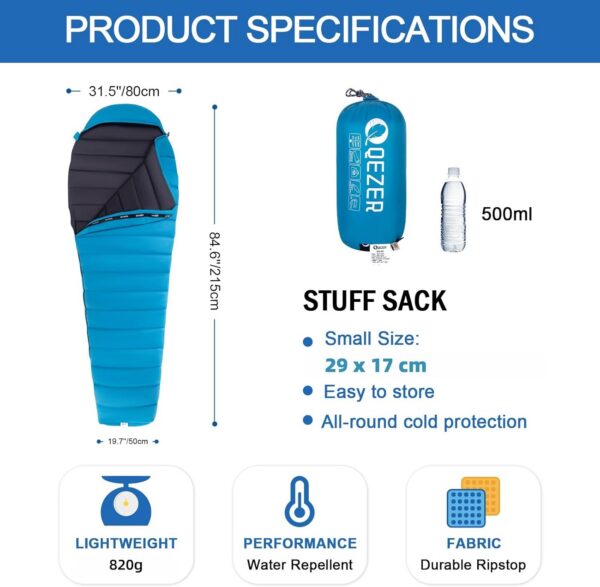 QEZER Ultralight Sleeping Bag for Adults,only 780g Backpacking Sleeping Bag Filled 600+FP Duck Down 5°C 15°C for Camping,and Hiking,Warehouse Outdoor