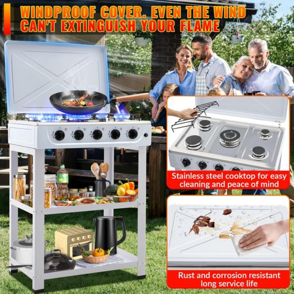 5 Burner Propane Gas Stove,400000BTU Portable Gas Stove with Support Leg Stand and Wind Blocking Cover Adapter Auto Ignition Camping Stove,propane burner for RV, Apartment, Outdoor Cooking