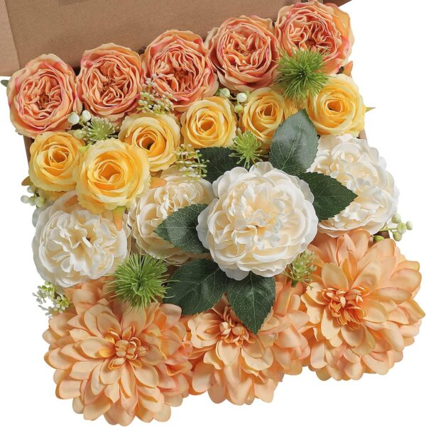 YYHUAWU Artificial Flowers Combo Box Set Gradient Color Flower Leaf with Stems for DIY Wedding Bouquets Centerpieces Baby Shower Party Home Decorations Peach