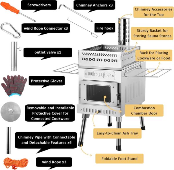 WillowyBe Outdoor Sauna Hot Tent Stove, Rocket Stove Heater, Portable Camping Wood Stove for Dry Sauna, Cooking for Husband and Friends