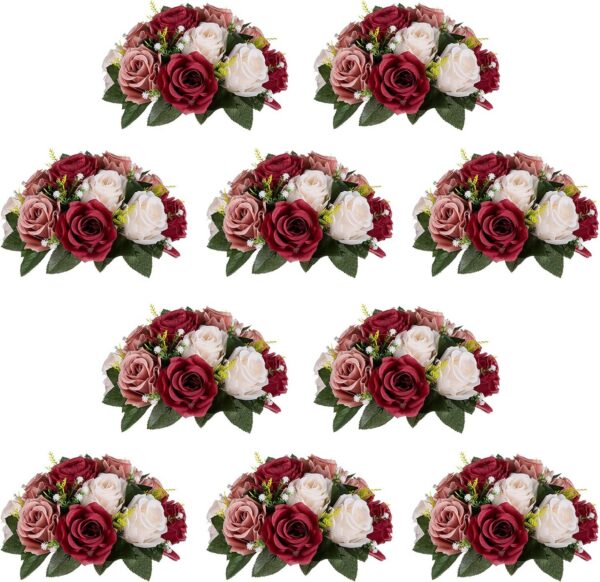 a4b71652f15f492b NUPTIO Artificial Flower Centrepieces for Tables - 6 Pcs Crimson & White Fake Flowers Roses Balls 9.5in Diameter - Silk Faux Rose Arrangement for Wedding Party Centerpiece Table Decorations