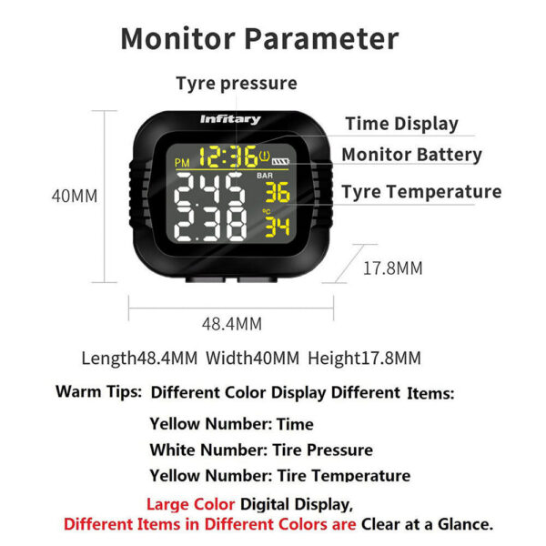 Infitary Motorcycle TPMS Tire Pressure Monitoring System Big Wireless LCD Colorful Display Shift For Status Precise Digital Moto