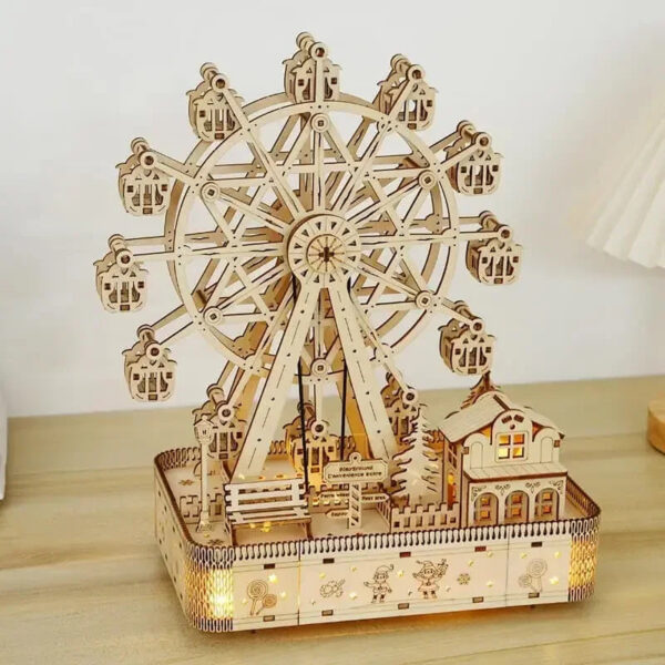 Ferris Wheel Music Box Model with LED Light 3D Wooden Puzzle DIY Assembly Building Kit Home Decoration Crafts Adults Kids Gift