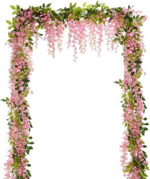 a5b685ef2f0a0388 Lvydec Wisteria Artificial Flowers Garland, 4 Pcs Total 28.8ft Artificial Wisteria Vine Silk Hanging Flower for Home Garden Outdoor Ceremony Wedding Arch Floral Decor (Pink)
