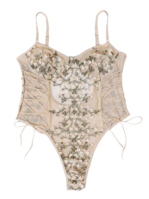 Lilosy Women Sexy Lace Up Floral Embroidered Teddy Lingerie Bodysuit Top Mesh Sheer One Piece