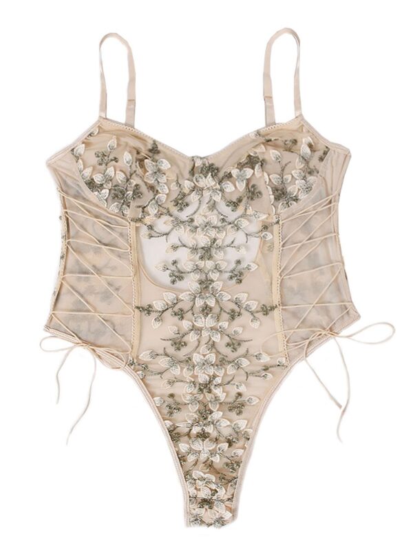 a5e7bd4cb83662ca Lilosy Women Sexy Lace Up Floral Embroidered Teddy Lingerie Bodysuit Top Mesh Sheer One Piece