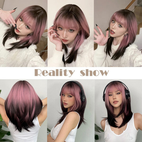 a6254850bbd580c9 FERRE Black Pink Ombre Synthetic Cosplay Long Straight Layered Wigs with Bangs for Women Heat Resistant Fake Hair