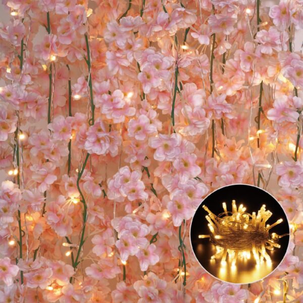 Sunm Boutique 8-Pack 47.2 Ft Artificial Cherry Blossom Garland Cherry Blossom Hanging Vine with 65.6 Ft Long 160 LED String Lights Silk Sakura Vines Garland for Wedding Party Home Decor, Pink