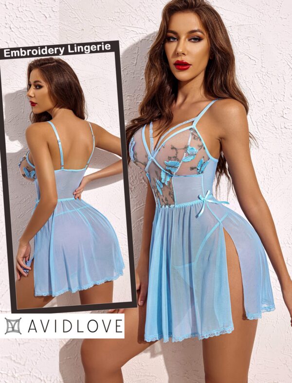 Avidlove Women's Lingerie Lace Chemise Floral Embroidery Mesh Babydoll Side Slit Sleepwear