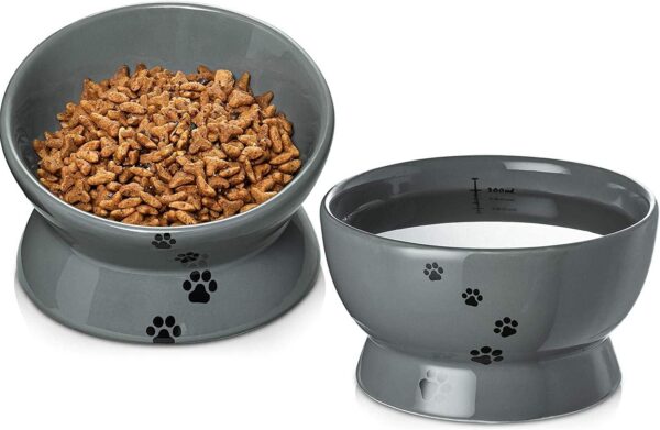 Y YHY Raised Cat Food Bowl Set, Ceramic, Tilted Elevated Bowls, 2 Bowls, 3.6 in & 3 in, White