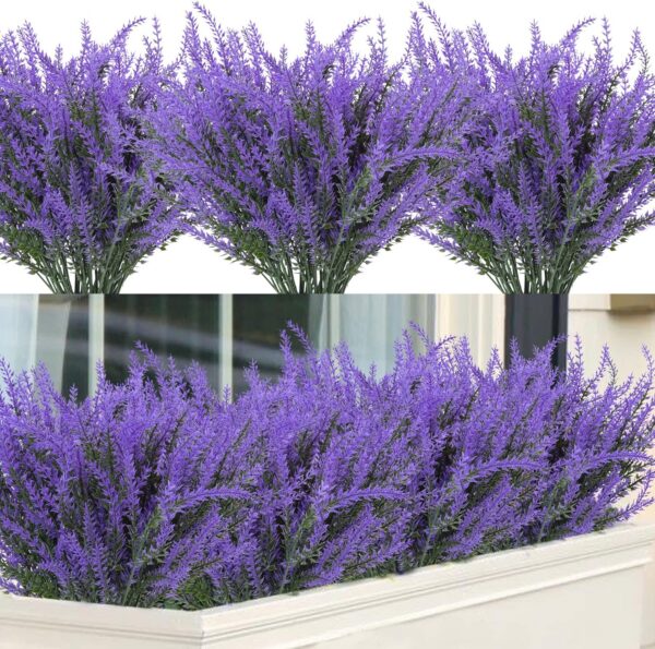 a750c7e7c0a583c4 Ouddy Decor 24 Bundles Artificial Lavender Flowers Fake Plastic Purple Flowers Outside UV Resistant for Home Wedding Kitchen Garden Patio Window Box Centerpieces Indoor Outdoor Decor (Gray Purple)