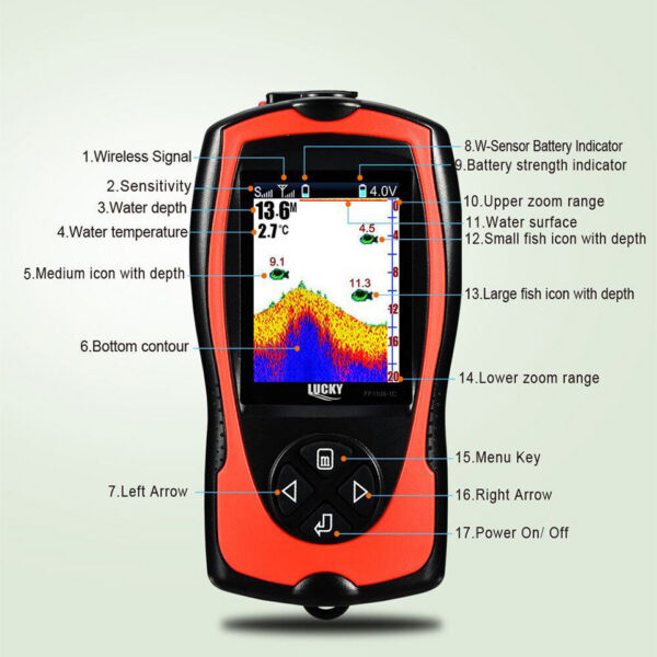 a7bc3434e7f4abeb LUCKY Rechargeable Fish FF1108-1CWLA/CT Wireless Sonar Sensor Fishing Finder Color Display Max 45M Water Depth