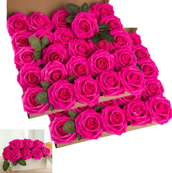 a83da5873b2563e3 Artificial Flower Foam Purple Rose 50pcs Real Looking Fake Rose with Stems Leaves for Home Decoration Party Garden Centerpieces DIY Wedding Bouquets(Purple)