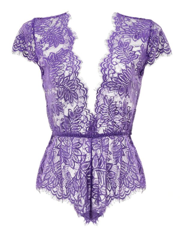 Anyou Womens Lingerie V-Neck Lace Bodysuit Mini Babydoll Featuring Plunging Eyelash Size XS-XXL
