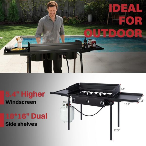 a8c878271f606c94 3 Burner Propane Camp Stove | 225,000 BTU Gas Burners | Side Shelves | Windscreen | Waterproof Cover | Detachable Legs | Ideal for Camping Backyard Outdoor Cooking
