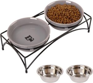 a9bbbb983f38180b FOREYY Elevated Cat Bowls with 2 Ceramic Bowls and 2 Stainless Steel Bowls,Raised Cat Food Water Bowl with Iron Stand,Porcelain Pet Dishes for Cats and Small Dogs,16 Ounces,Dishwasher Safe(Gray)