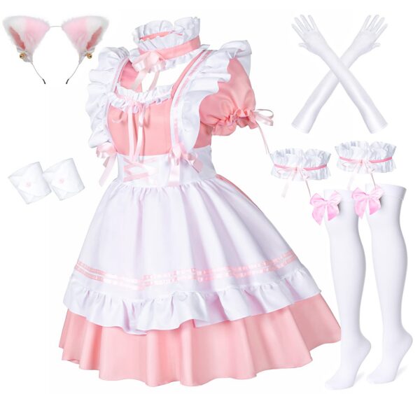 Anime French Maid Apron Lolita Fancy Dress Cosplay Costume Furry Cat Ear Gloves Socks Set(2XL)
