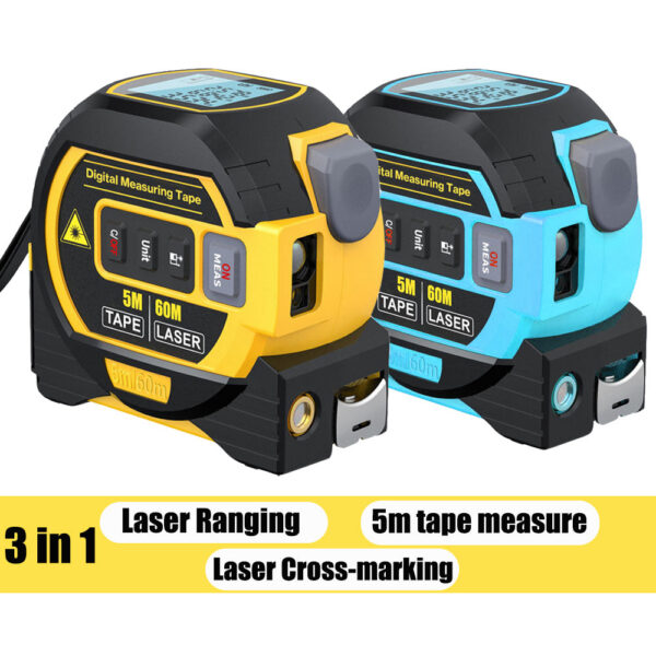 3in1 Laser Rangefinder 5m Tape Measure Ruler LCD Display with Backlight Distance Meter Building Device Area Volumes Surveying