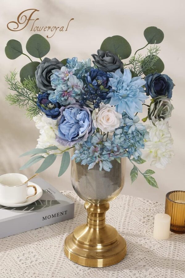 a9e5d33878d934a8 Floweroyal Artificial Flowers Combo Dusty Blue Flowers Mix Silk Flowers Dahlia Roses with Stems for DIY Wedding Bridal Bouquets, Baby Shower, Floral Arrangement, Table Centerpieces, Home Decorations.