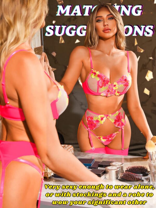 a9fb68c474333298 Kaei&Shi Floral Embroidered, Underwire, G-String, Garter Belt, 4 Pieces Lingerie