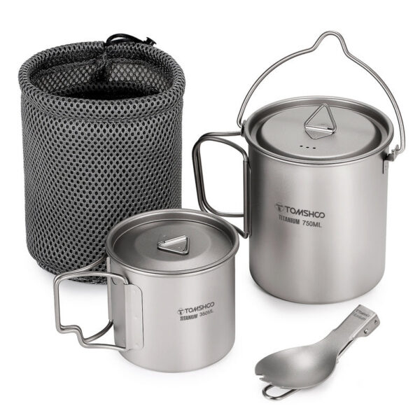 aa49f44b0ebe2bb2 Tomshoo 3 PCS Titanium Cookware Set Ultralight 750ml Pot 450ml Water Cup Mug w Lid Folding Spork for Outdoor Camping Backpacking