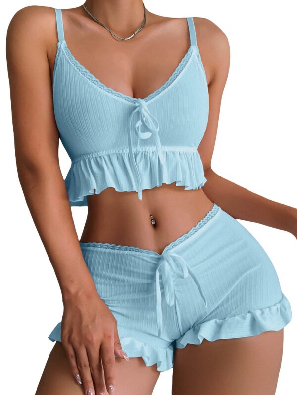aab2b3e052437f0a SweatyRocks Women's 2 Piece Lingerie Set Pama Sets Ruffle Trim Tie Front Cami Top and Shorts Sleepwear