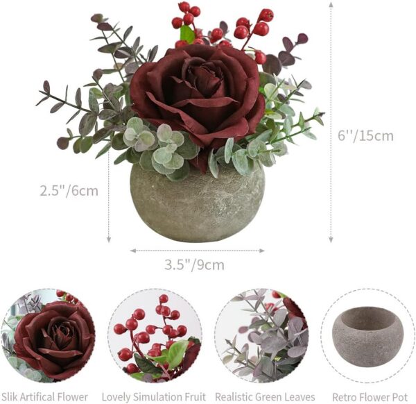aabb8b4b0fd4ea98 Artificial Flowers Kit with Pot, Combination of Fake Silk Burgundy Red Roses and Greenery,Small Plant Potted Decor for Offices,Bookshelf,Bedroom, Living Room,Party,Wedding Decorations…