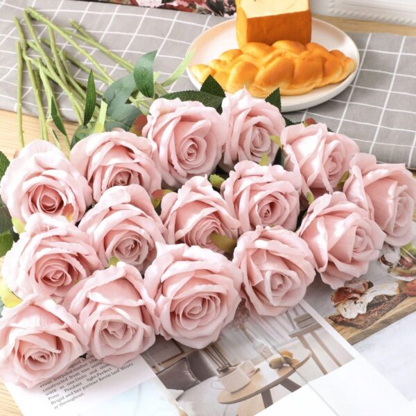 15Pcs Artificial Roses Velet Real Touch Single Stem Fake Roses Silk Realistic Bouquet Flowers Arrangements Home Office Garden Grave Party Wedding Decoration(Light Pink-15p, Blossom Roses)