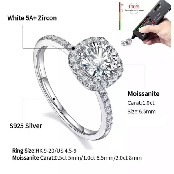 Real Moissanite Sterling Sier Ring For Women Square Round 1CT 2CT 3CT Brilliant Diamond Finger Band Wedding Jewelry Gift