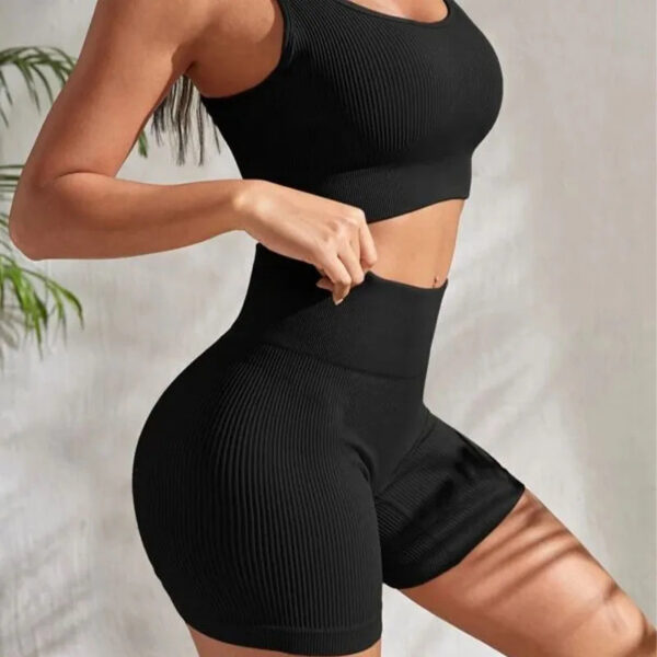 Seamless Yoga Workout Sets for Women 2 Pieces Gym Suits Ribbed Crop Tank High Waist Shorts Outfits Fiess Running